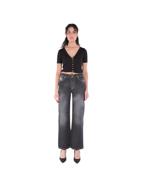 LOW-RISE WIDE-LEG YELLOW STITCH-BLACK JEANS