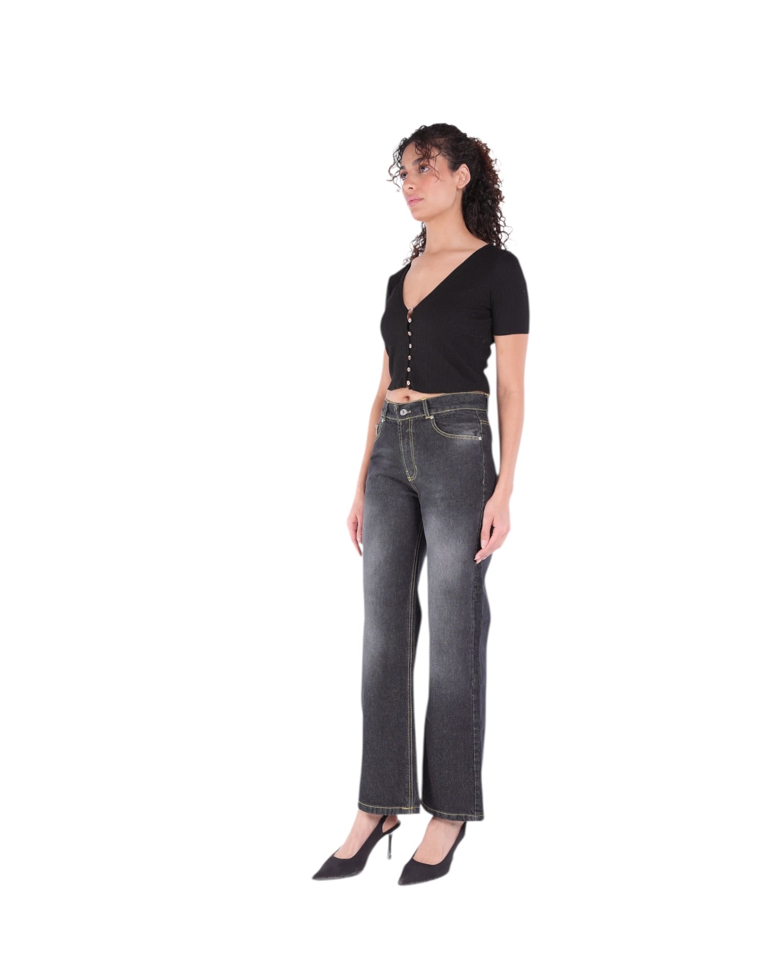 LOW-RISE WIDE-LEG YELLOW STITCH-BLACK JEANS